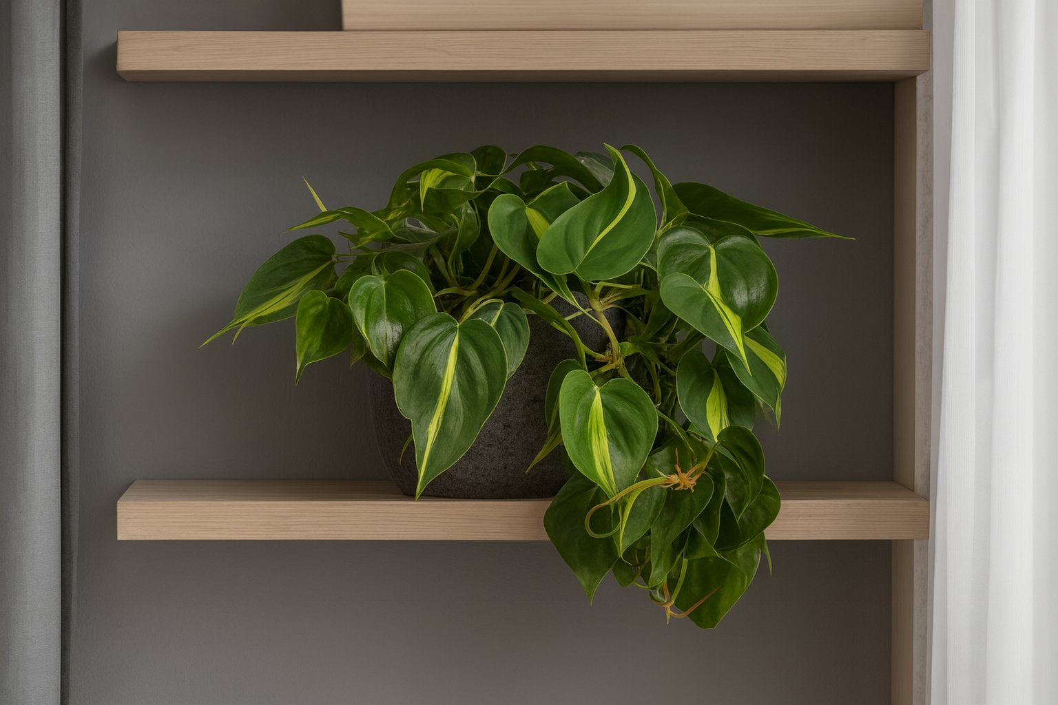  luftreinigende Hängepflanze auf einem Regal mit grauer Wand