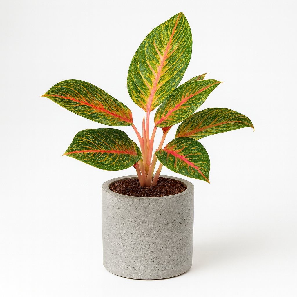 Aglaonema Spring Red - 60cm in einem modernen Studio mit modernem Topf