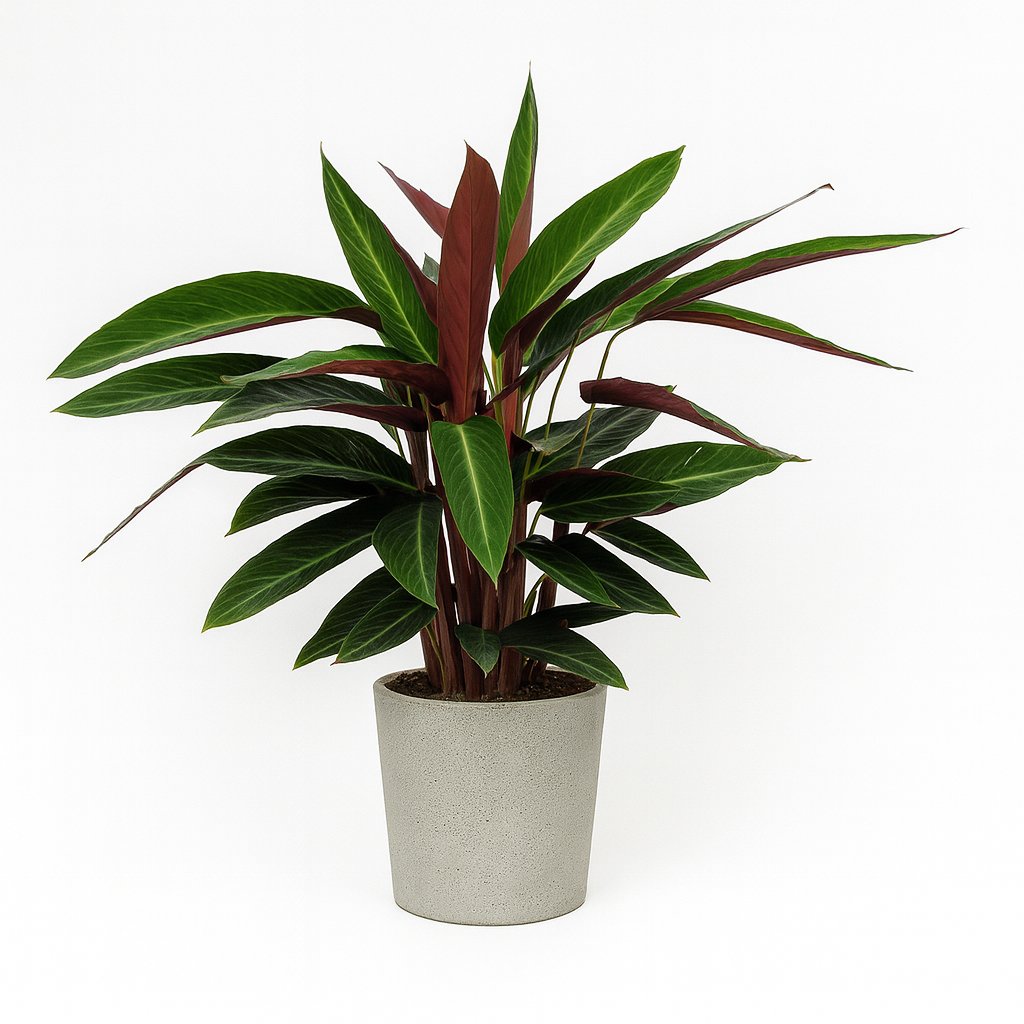 Calathea Stripestar Living - 65cm in einem modernen Studio mit modernem Topf