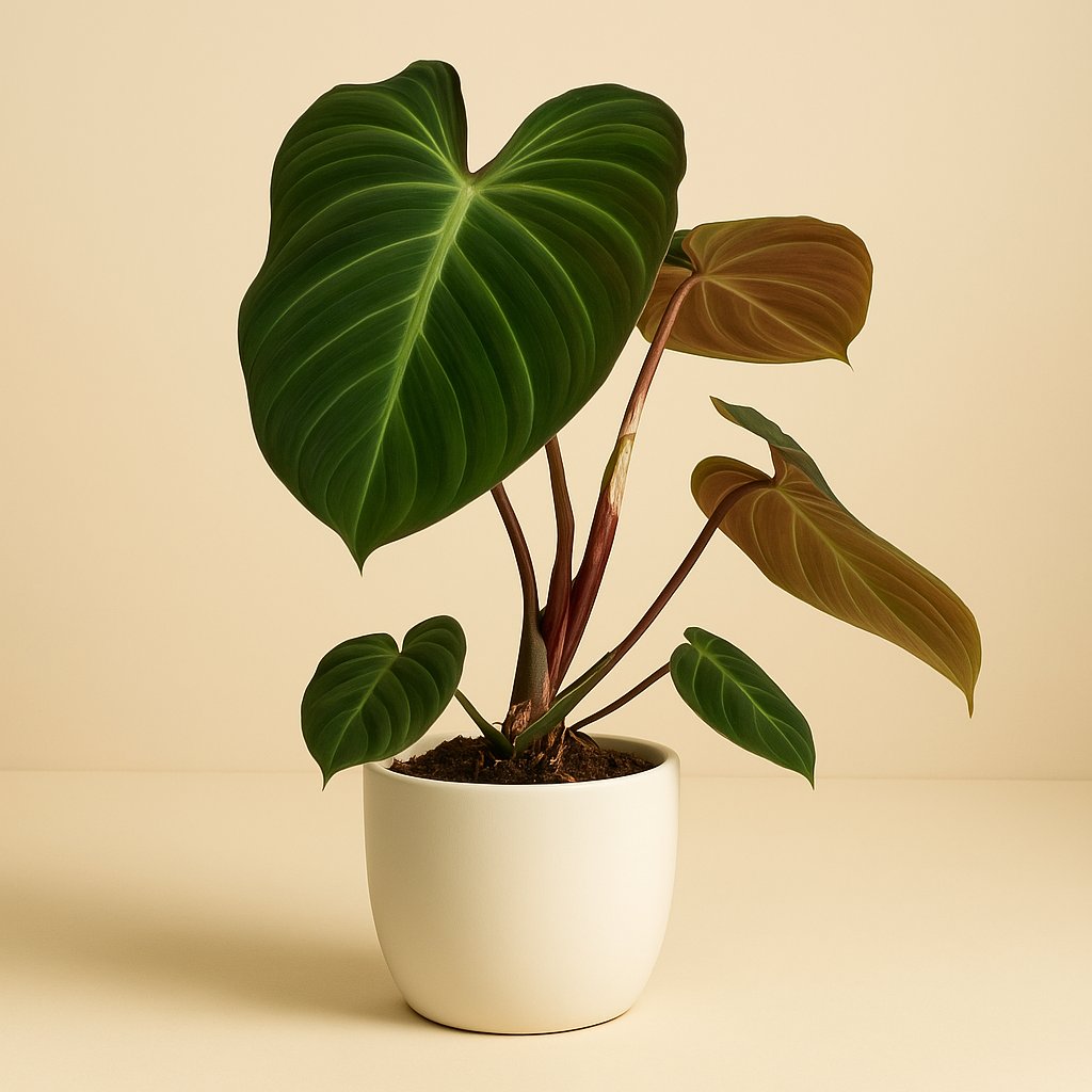 Philodendron El Choco Red - 50cm in einem modernen Studio mit modernem Topf
