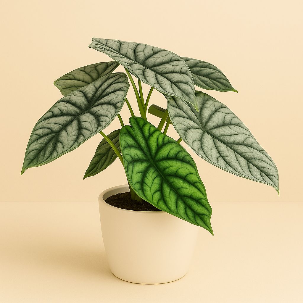 Alocasia Silver Dragon - 45cm in einem modernen Studio mit modernem Topf