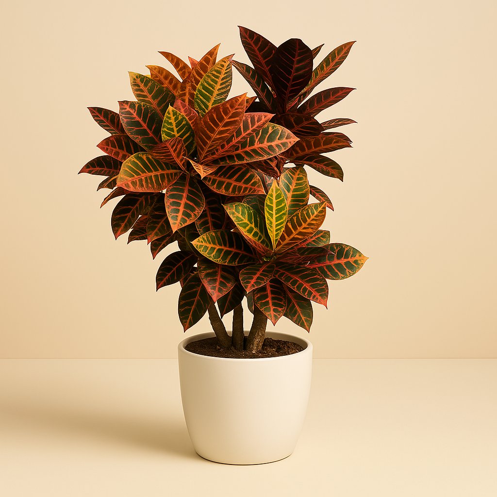 Codiaeum Petra (Croton Petra) - 130cm in einem modernen Studio mit modernem Topf