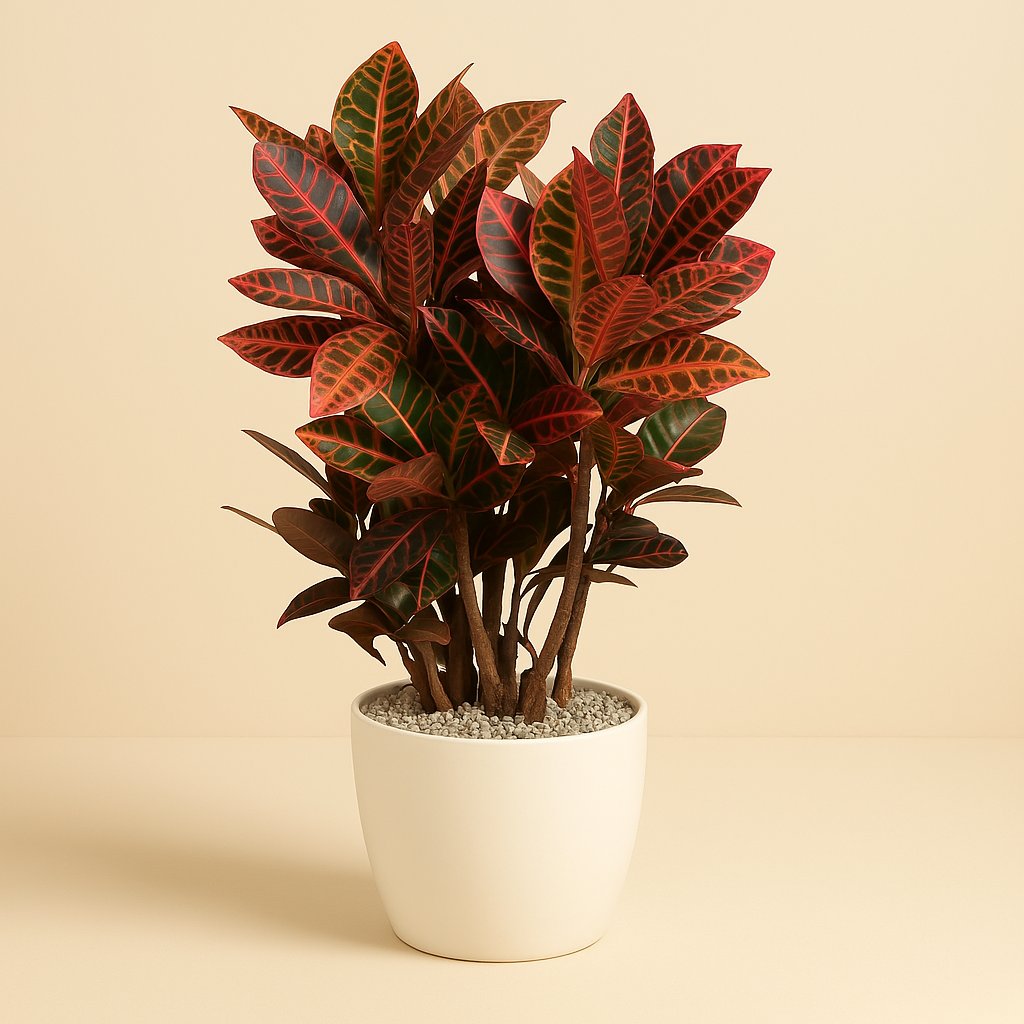 Codiaeum Petra (Croton Petra) - 100cm in einem modernen Studio mit modernem Topf