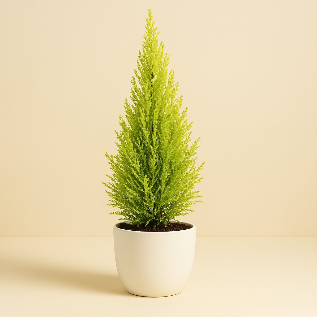 Cupressus Goldcrest Wilma - 65cm in einem modernen Studio mit modernem Topf
