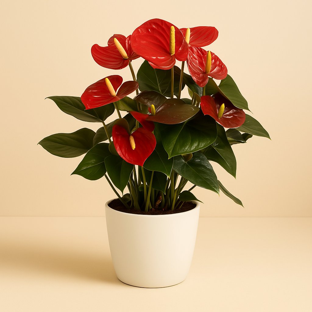 Anthurium Red Champion - 65cm in einem modernen Studio mit modernem Topf
