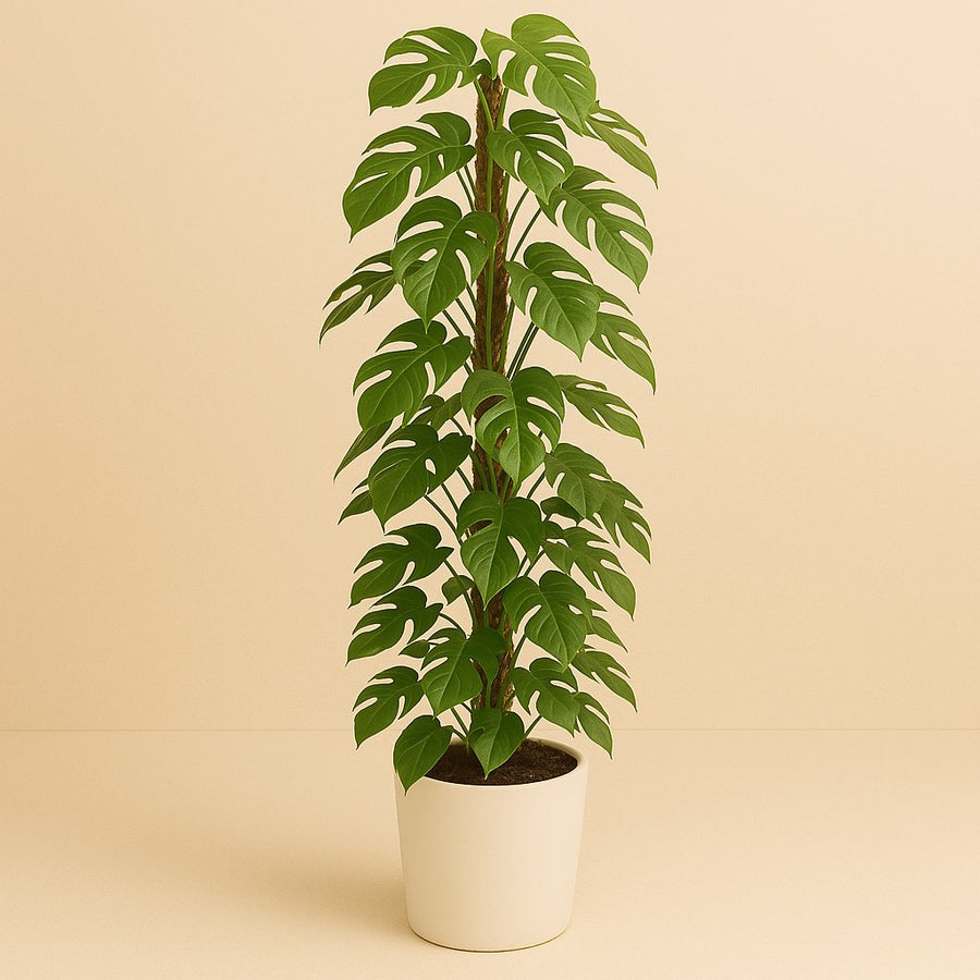 Monstera Minima am Moosstab - 130cm in einem modernen Studio mit modernem Topf