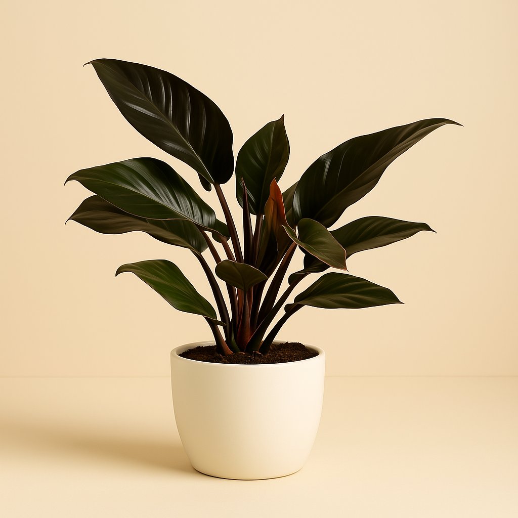 Philodendron Imperial Red - 50cm in einem modernen Studio mit modernem Topf