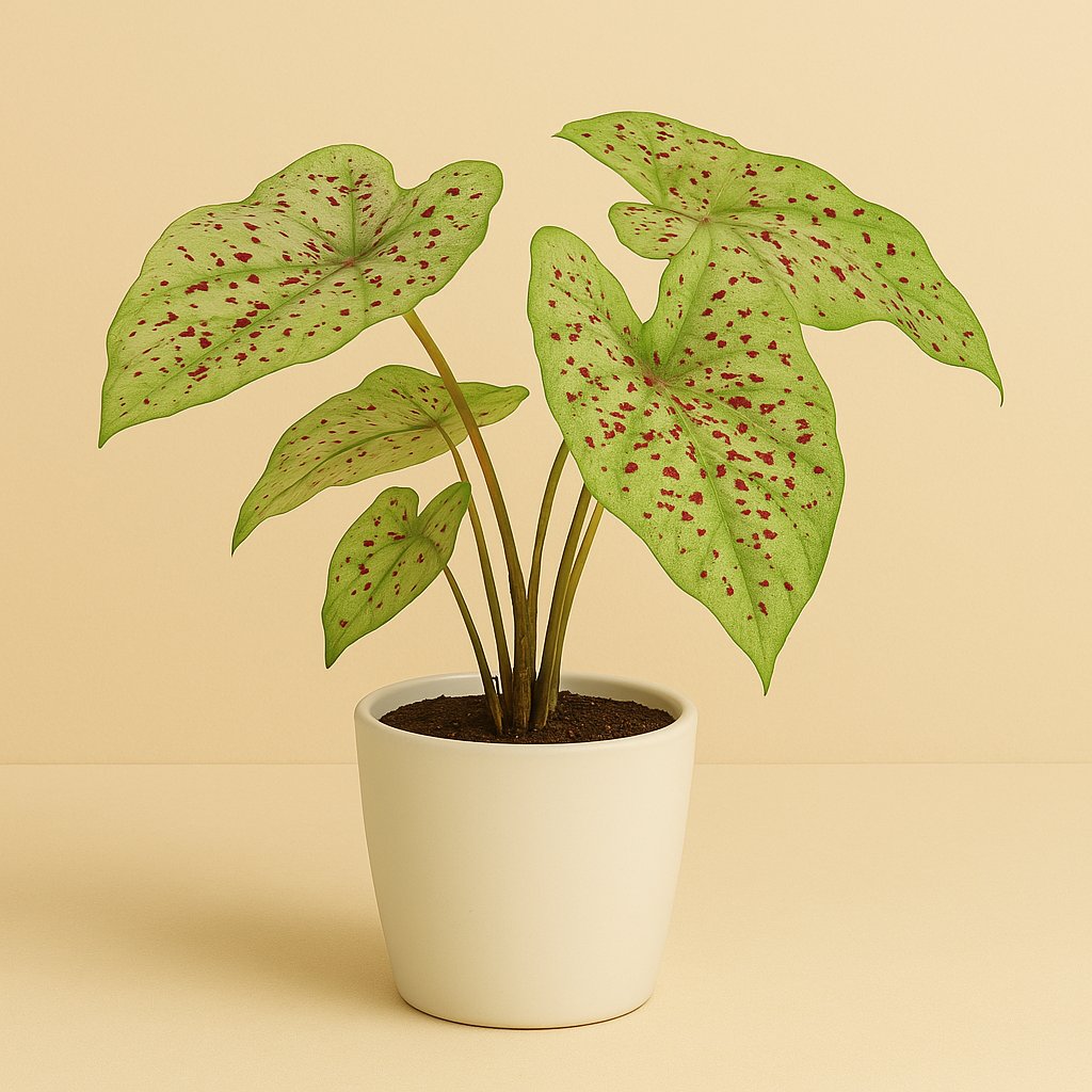 Caladium Miss Muffet - 25cm in einem modernen Studio mit modernem Topf