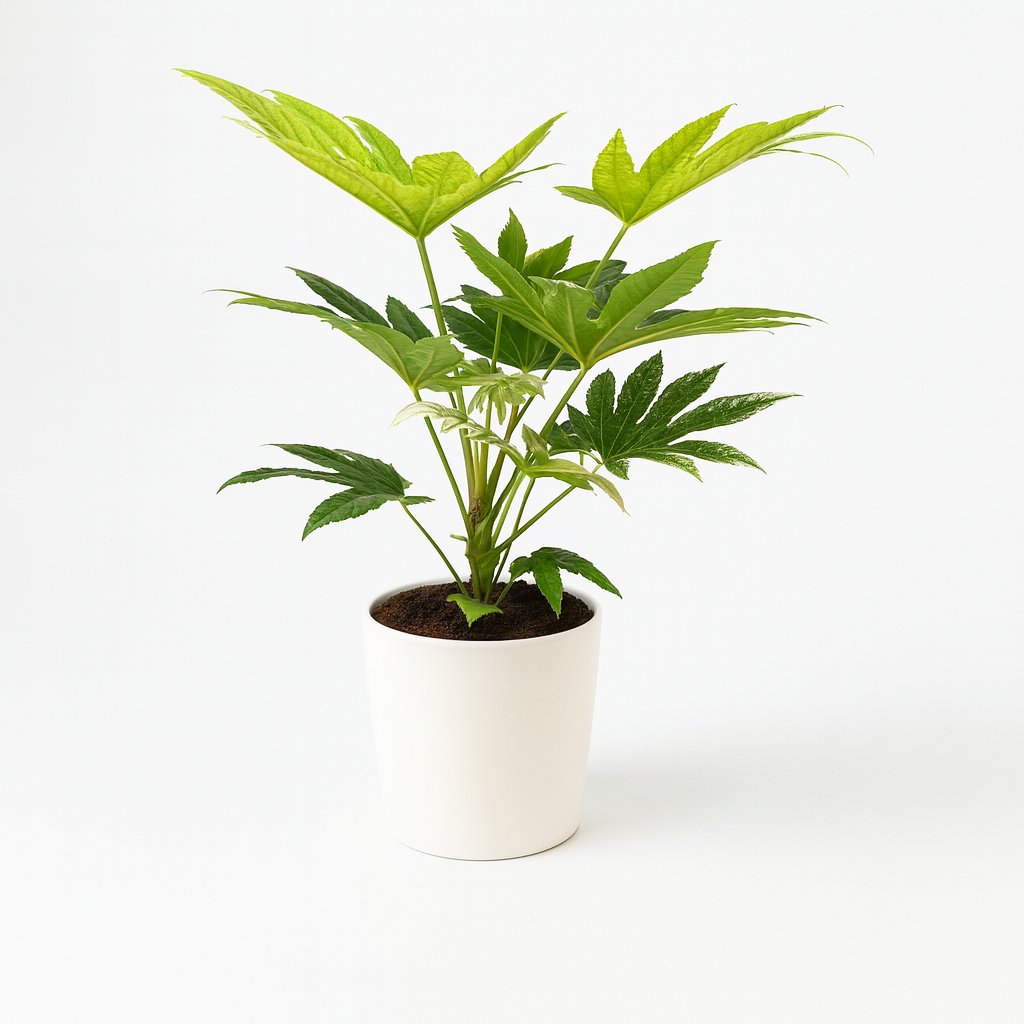 Fatsia Japonica Spider Web - 50cm in einem modernen Studio mit modernem Topf