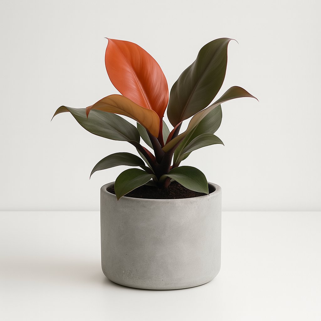 Philodendron Imperial Red - 25cm in einem modernen Studio mit modernem Topf