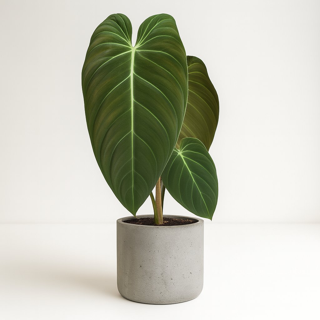 Philodendron Melanochrysum - 75cm in einem modernen Studio mit modernem Topf