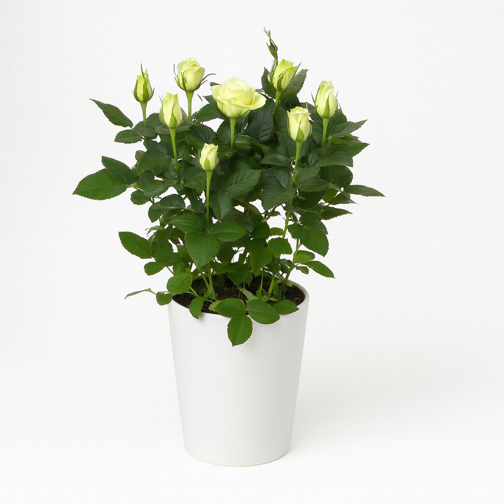 Rosa weiß - 45cm in einem modernen Studio mit modernem Topf