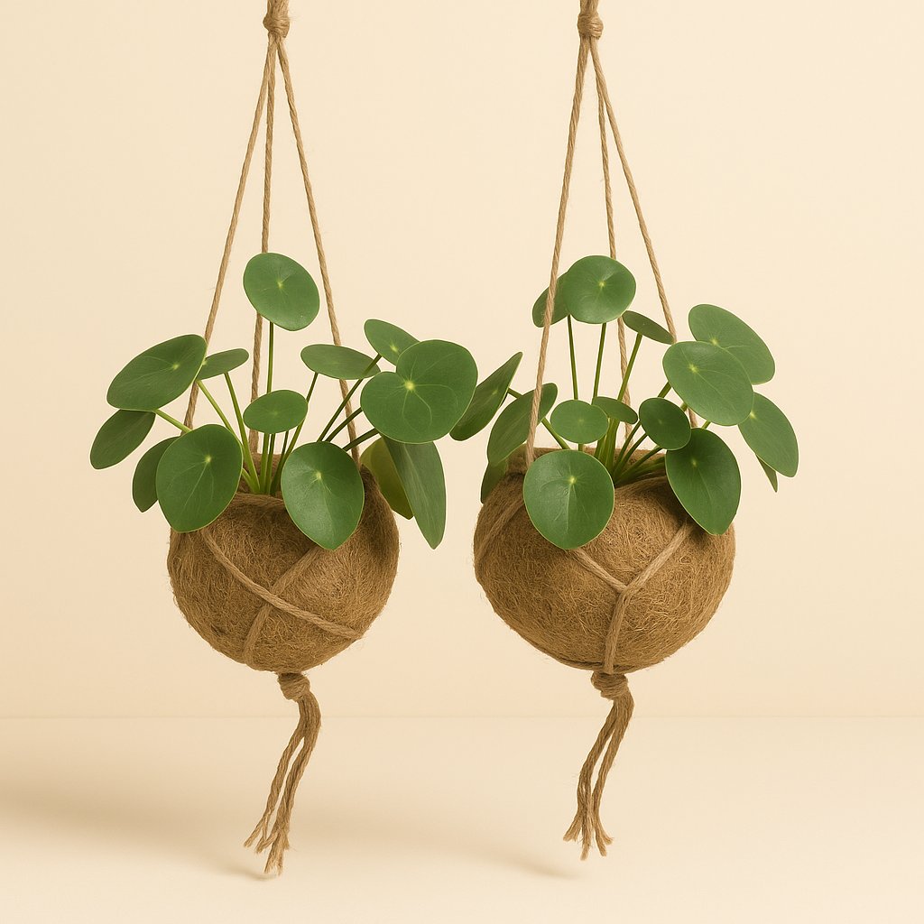 2x Kokodama Pilea Peperomiodes - 20cm in einem modernen Studio mit modernem Topf