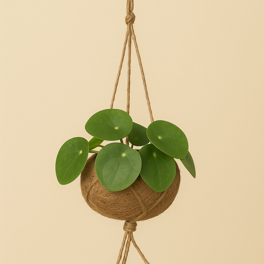 Kokodama Pilea Peperomiodes - 20cm in einem modernen Studio mit modernem Topf